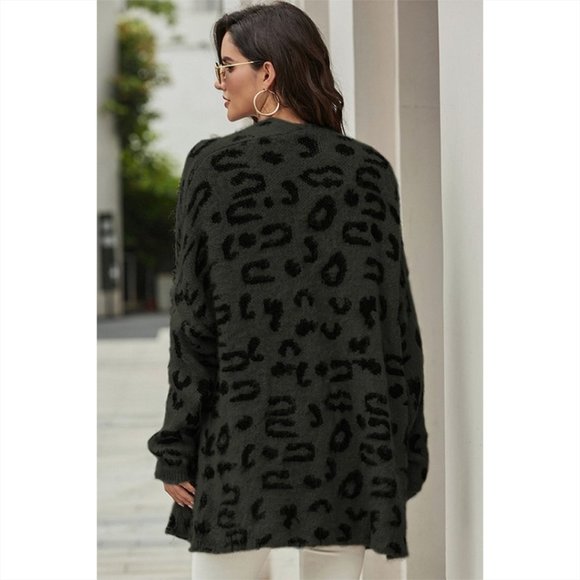 Navy Green Leopard Print Cardigan - Picture 2 of 3